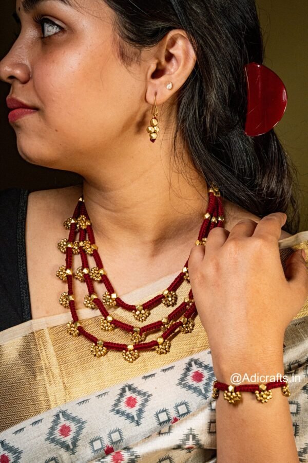 Pure Handmade Brass Beaded Dhokra Jewellery with Earring (AT925 3Line) - Image 3
