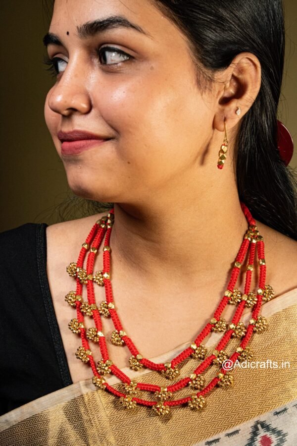 Pure Handmade Brass Beaded Dhokra Jewellery with Earring (AT925 3Line) - Red