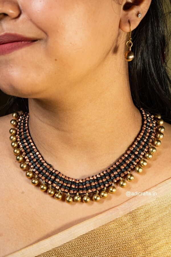 Pure Handmade Brass Beaded Choker Dhokra Jewellery with Earring (CH 2113) - Black, Black Brass+Copper